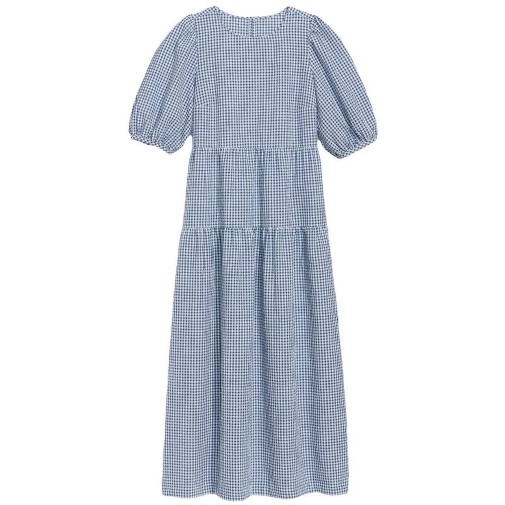 Old Navy Tiered Puff Sleeve All Day Midi Swing Dress Blue Gingham Size L Pockets